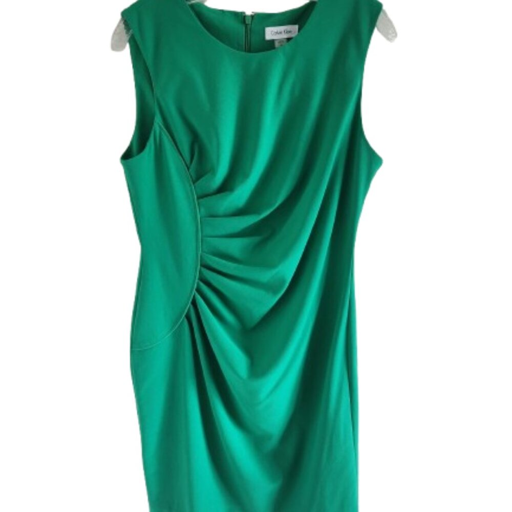 Calvin Klein Women's Sheath Dress with Rauched Green Cap Sleeve Zip Back Size 12